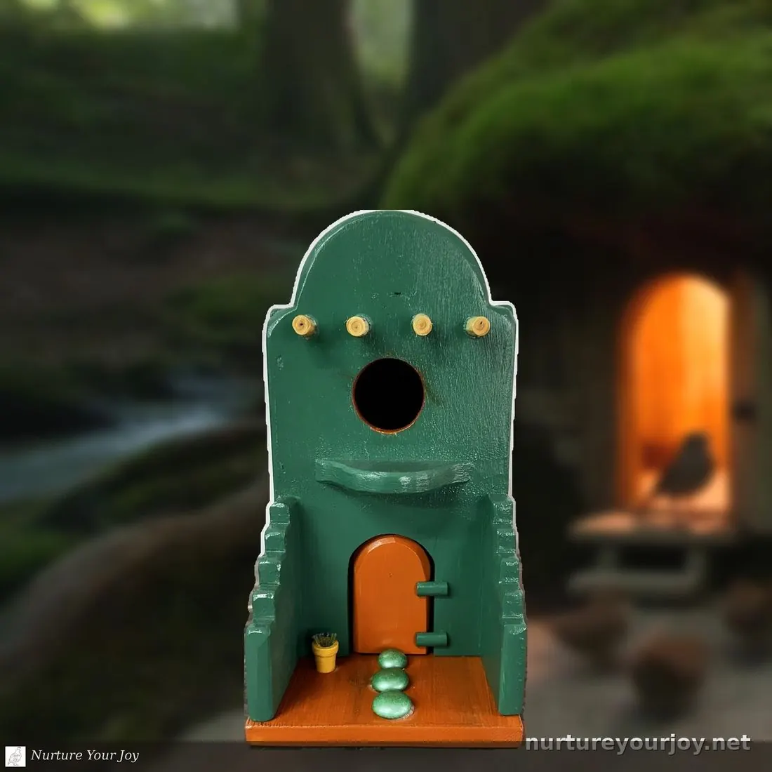 Adobe Pueblo, Green & Orange birdhouse, handmade Adobe collection, Nurture Your Joy