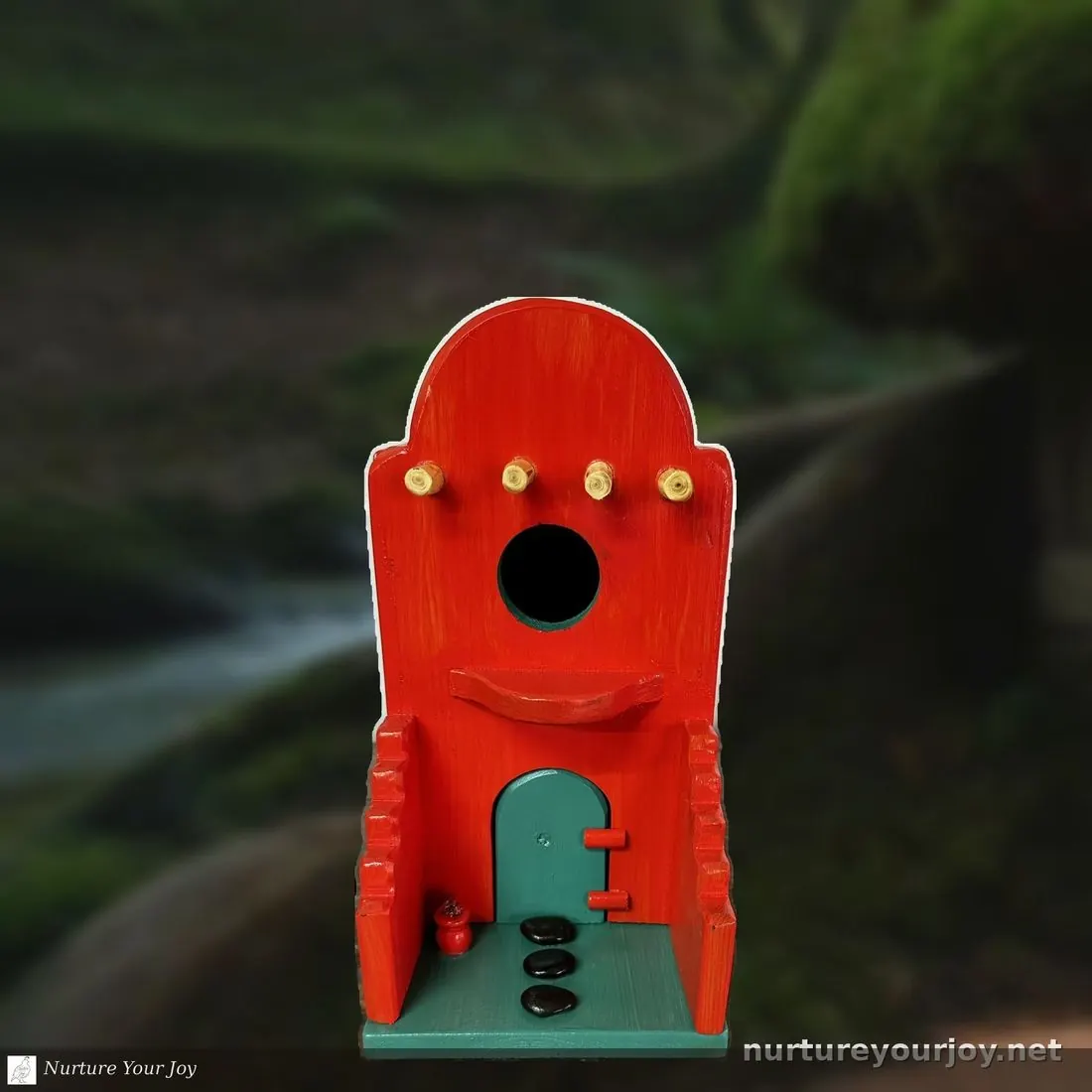 Adobe Pueblo, Red & Teal birdhouse, handmade Adobe collection, Nurture Your Joy
