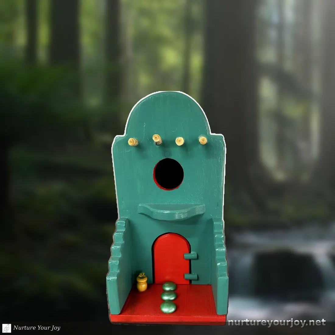 Adobe Pueblo, Teal & Red birdhouse, handmade Adobe collection, Nurture Your Joy
