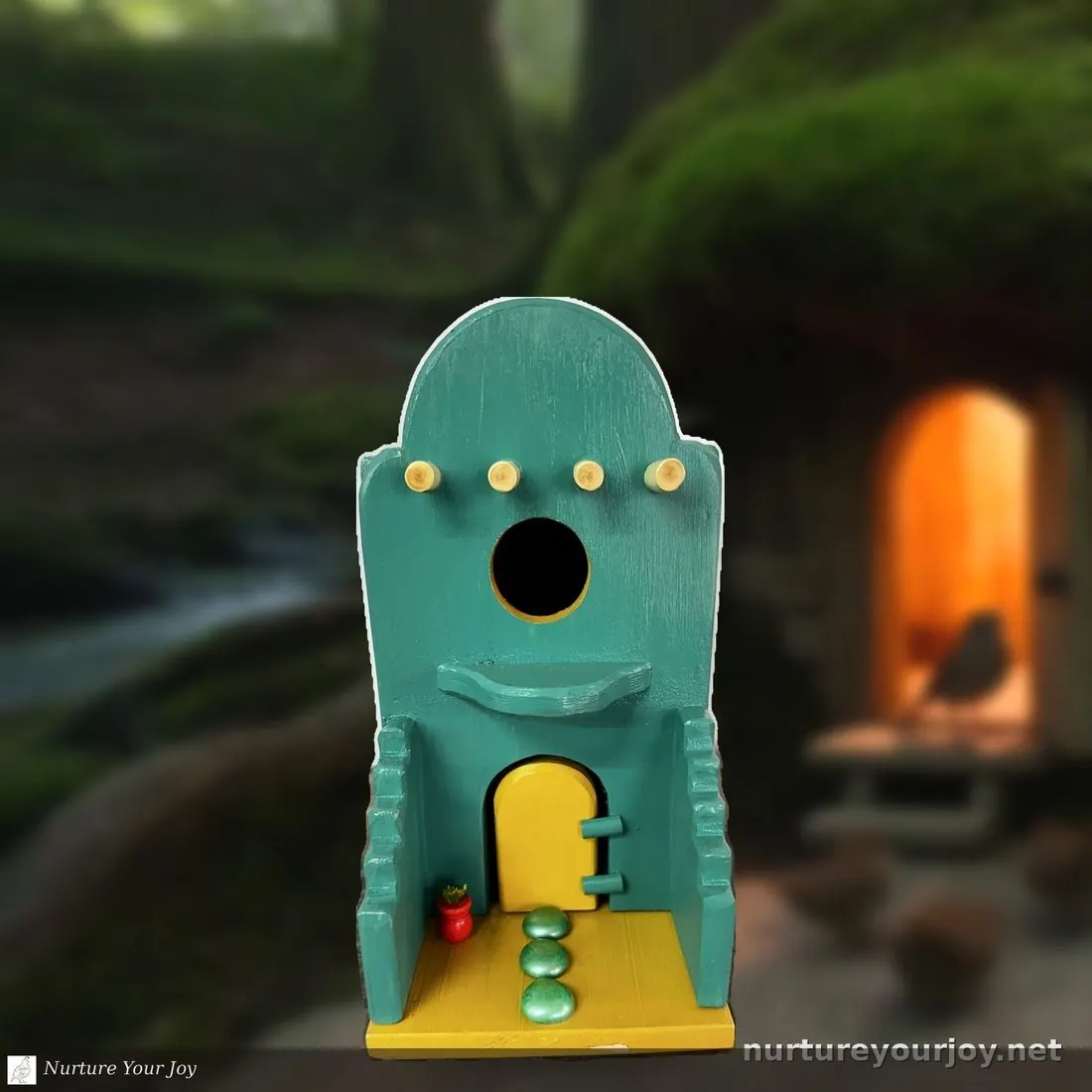 Adobe Pueblo, Teal & Yellow birdhouse, handmade Adobe collection, Nurture Your Joy