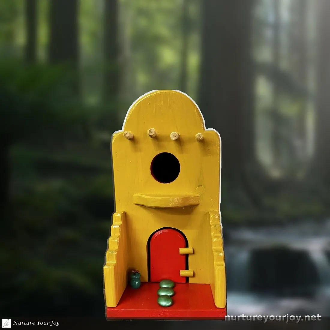 Adobe Pueblo, Yellow & Red birdhouse, handmade Adobe collection, Nurture Your Joy