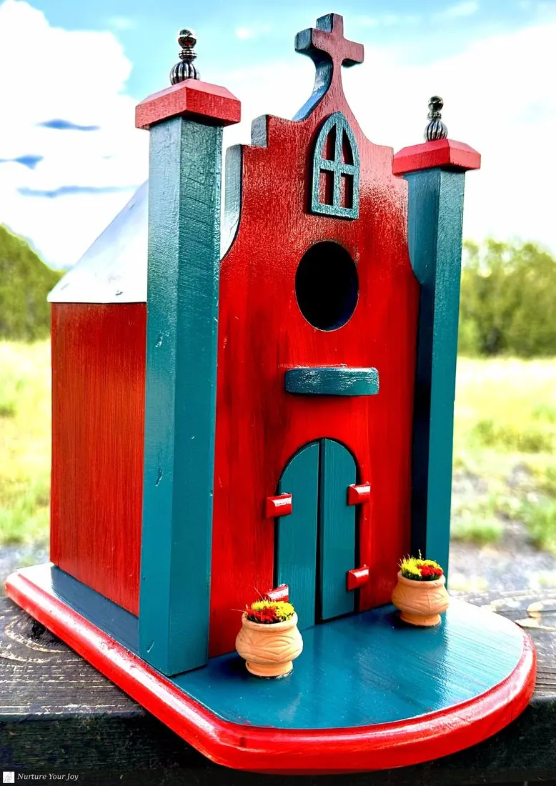 Spanish Mission, Red & Blue birdhouse, handmade Spanish Mission collection, Nurture Your Joy
