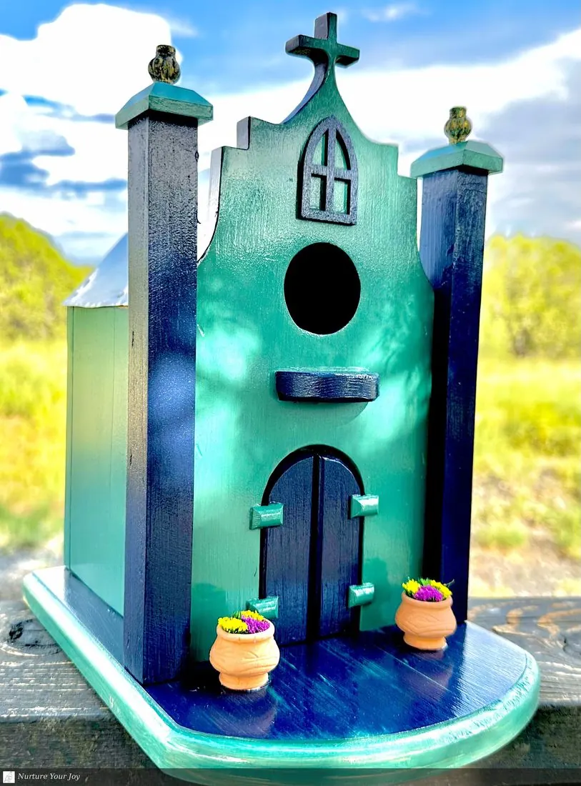 Spanish Mission, Teal & Blue birdhouse, handmade Spanish Mission collection, Nurture Your Joy